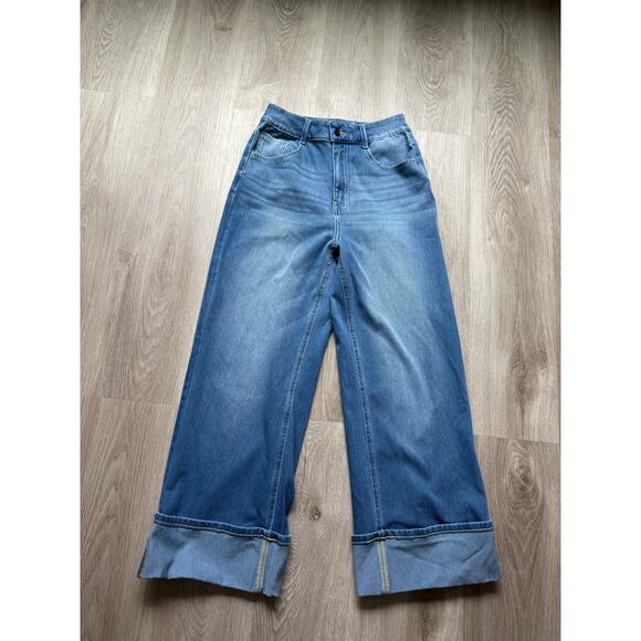 Halara Denim - Halara Flex™ High Waisted Pockets Rolled Hem Wide Leg Washed Casual Jeans, Small